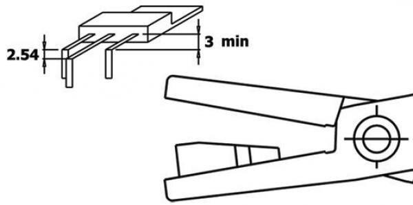 Das Bild zeigt einen technischen Entwurf mit zwei Teilen: Oben ein Stecker mit zwei Pins, angegeben sind Maße. Unten eine Zange mit offenem Griff, um den Stecker zu halten.