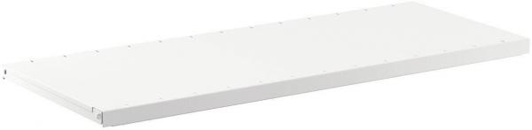 The image displays a simple, rectangular white shelf. It has a smooth surface and is devoid of any special decorations. Small holes for mounting are visible on the edges.