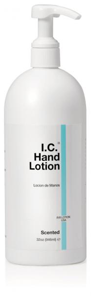 The image shows a bottle of hand lotion. The bottle is tall and cylindrical, made of white plastic. It features a pump dispenser on top, and the label includes the text "I.C. Hand Lotion".
