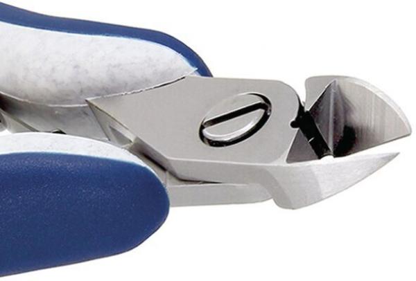 The image shows a pair of pliers with metallic blades and blue, ergonomically shaped handles. The blades are sharp and slightly curved, ideal for cutting.