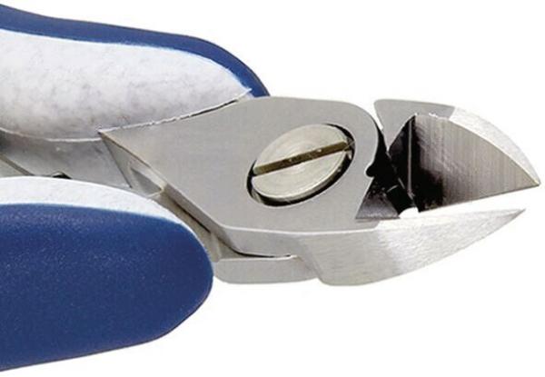 The image shows a pair of pliers with a shiny, sharp cutting edge. The handle is covered with blue rubber materials to provide a secure grip.