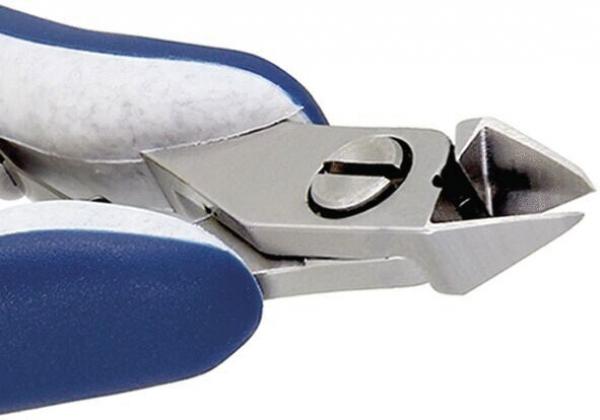 The image shows a nail scissors with a curved blade and blue, non-slip handles. The blade has a pointed and sharpened edge, suitable for cutting nails.