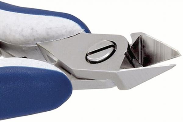 The image shows a nail or cuticle nipper. It has a metallic blade that tapers diagonally, and a blue, ergonomic handle. The nipper is precise for detailed work.