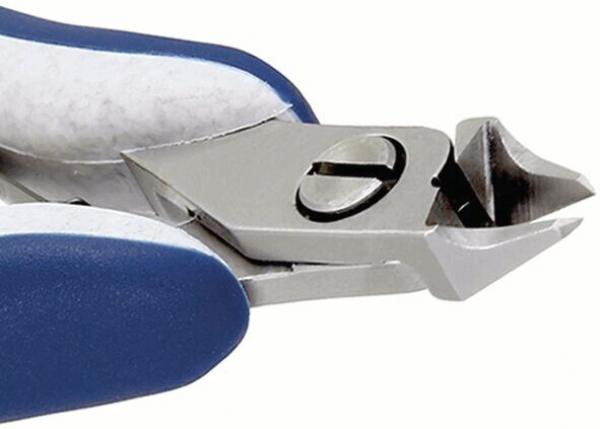 The image shows a nail clipper with a silver, sharp blade area and blue, ergonomic handles. The blades are slightly open and sharp.