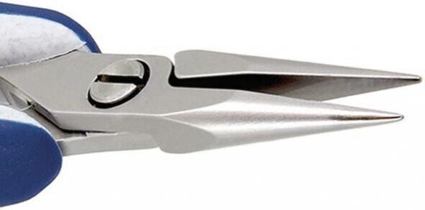The image shows a pair of pliers with pointed, metallic jaws. It has a blue handle and a central screw that allows the jaws to open and close.