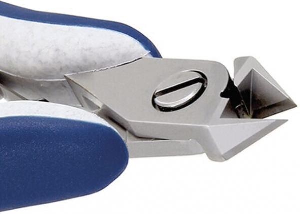 The image displays a nail scissors with a sharp, pointed metal blade and a blue, rubberized handle. The blade is slightly open, ready for cutting.