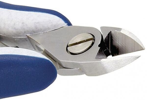 The image shows a metal pliers with blue grip areas. The ends of the pliers are sharp and have a specialized shape, ideal for cutting thin material.