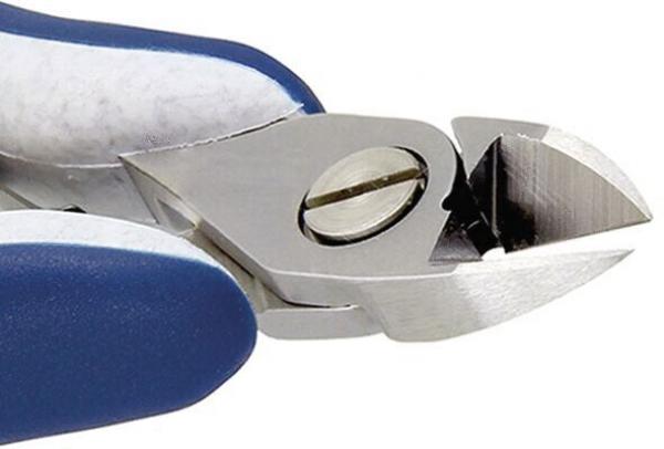 The image shows a pair of pliers with a metallic, sharp head and blue, rubberized handles. The pliers have a precise cutting surface, ideal for cutting or grasping small objects.