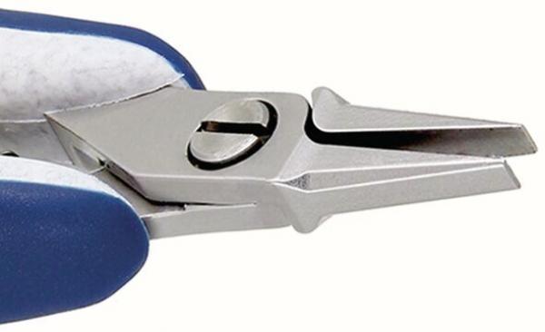 The image shows a pair of pliers with blue handles. It features a sharp, pointed metal chain that opens and closes at a joint. The mechanism is visible, complete with a small screw head.