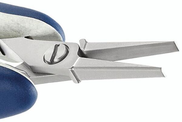 The image shows a pair of pliers with pointed, narrow jaws, whose needle tips are well suited for precise work. Handle in blue, metallic head.