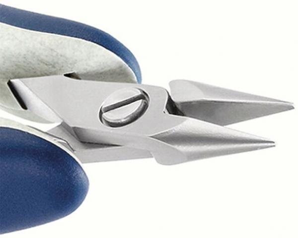 Das Bild zeigt eine metallische Zange mit zwei spitzen Schneideflächen. Der Griff ist blau, die Zange hat eine zentrale Schraube zur Befestigung. Ideal zum Schneiden feiner Materialien.