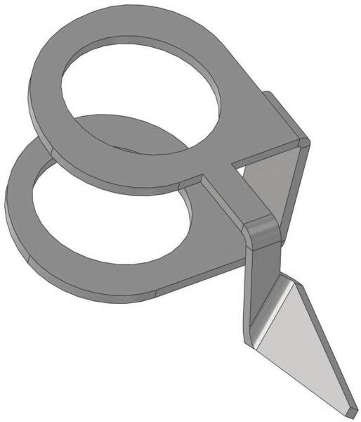 The image displays a gray, sculptural object with two round openings. On one side, there is a pointed area pointing downwards, while the rest is flat and stable.