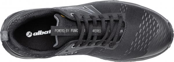 The image shows a black sports shoe from above. It has flat laces, a breathable upper, and a non-slip sole. On the inside, it reads "Powered by Function".