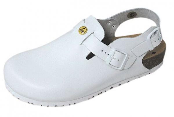 The shoe is a white clog with a closed front and an adjustable strap at the heel. The sole is slightly elevated and has a non-slip texture.