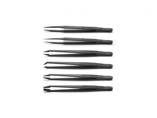 The image shows six slim, black tweezers arranged in a row. They have different tip shapes, are made of metal, and appear precise and handy.