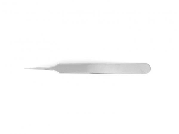 The image shows a straight, silver tweezer with a narrow tip. It is flat and has rounded ends, suitable for gripping fine objects. The background is white.