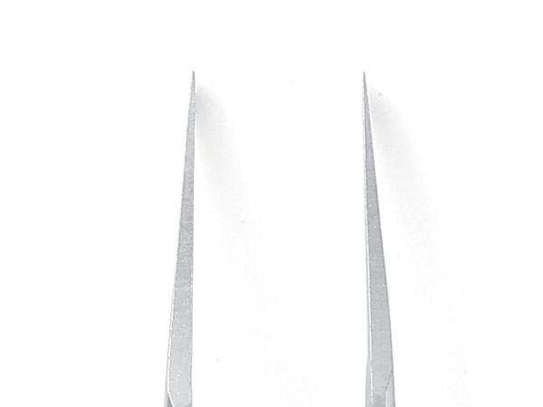 The image shows a straight, sharply pointed metal tweezer. It has long, narrow gripping surfaces and is slightly shiny, placed on a light background.