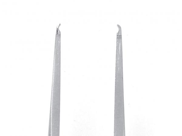 The image shows a silver tweezer with two pointed, slightly curved ends that are aligned parallel to each other. The background is white.
