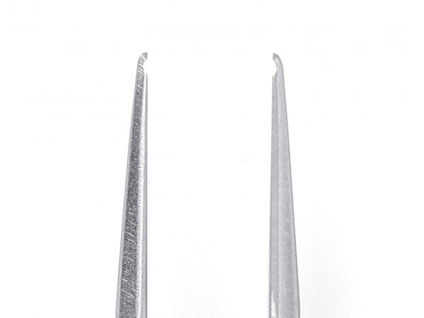 The image shows a straight, metallic tweezer with two narrow tips. It is shiny and has a simple, functional shape. The tips are slightly curved.