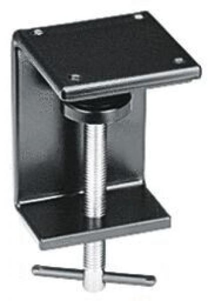 The image shows a black C-clamp. It has a square top surface, a vertical bar, and a bottom surface with a screw for tightening.