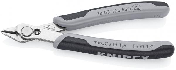 Das Bild zeigt eine kleine, graue Zange mit schwarzen, rutschfesten Griffen. Die Schneiden sind spitz und scharf, ideal zum Schneiden feiner Drähte. Der Markenname "KNIPEX" ist eingeprägt.