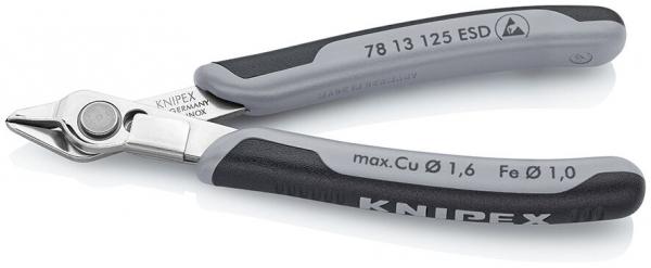 The pliers have a sturdy, gray rubber grip for good hold. The cutting edge is sharp and shiny. Numbers and letters are embossed on the grip, providing information for use.
