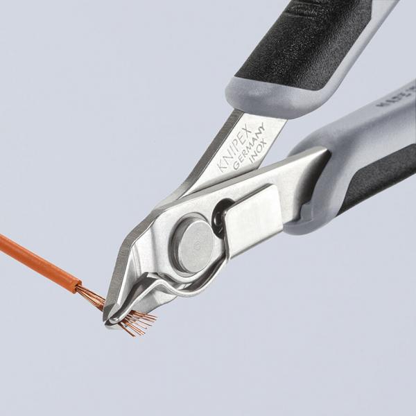 The image shows a gray-silver pliers gripping a thin, copper-colored wire. The handle of the pliers is black with a non-slip surface.