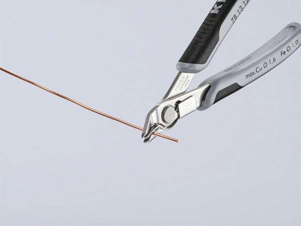 The image shows a pair of pliers gripping a thin copper wire. The pliers have black handles and a shiny top. The background is light and neutral.