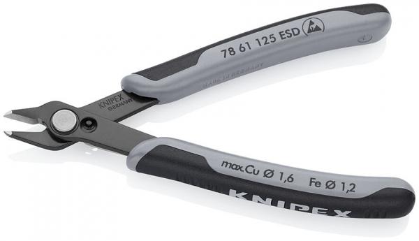 Das Bild zeigt eine Zange mit kurzen, scharfen Klingen und einem ergonomischen Griff. Der Griff hat eine graue Gummi-Oberfläche für besseren Halt. Auf einem der Griffe steht der Markenname ?KNIPEX?.