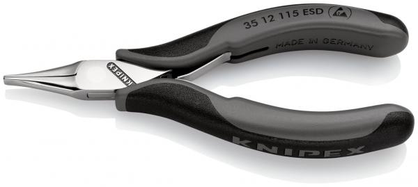 The image shows a flat, pointed pliers with non-slip, black handles. The handle has an ergonomic shape for better grip. It is made of shiny metal.