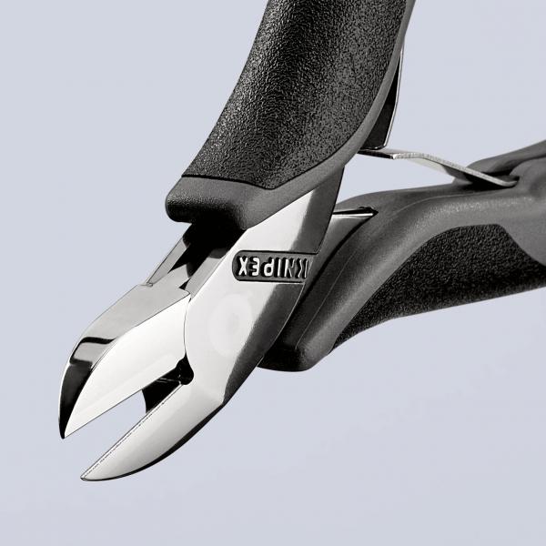 The image shows a nail or side cutter pliers. It has a sharp, chrome-plated edge and a black, rubberized handle for better grip. The pliers are half-open.