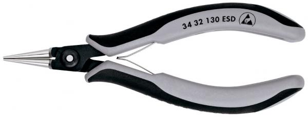 The image shows a pair of pliers with long, tapered jaws. It has black rubber grips and a silver tip. The model number is on one of the grips. The pliers are in an open position.