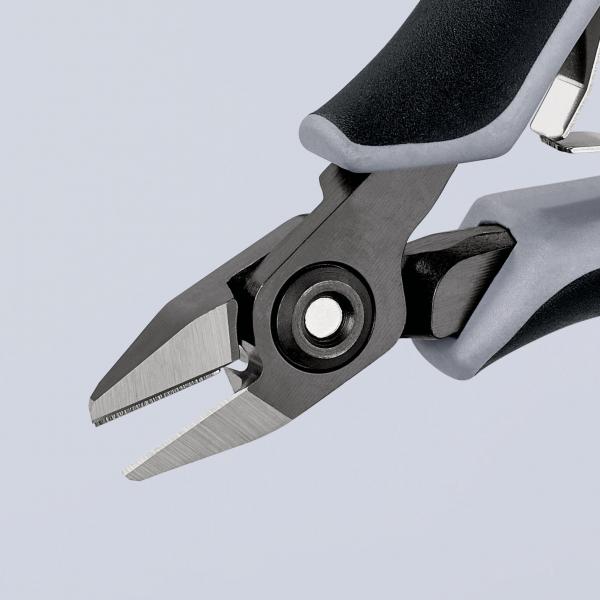 The image shows a pair of pliers with black and gray rubber grip coating. The tips are sharp and slightly angled, suitable for cutting and gripping. The pliers have a sturdy, metallic construction.