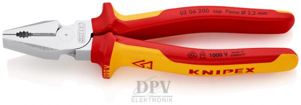 The image shows a pair of pliers with red and yellow handles. The pliers have a pointed, metallic head for gripping and cutting wires. The manufacturer is Knipex.
