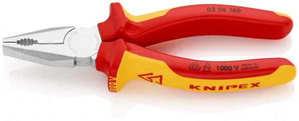 This is a red pliers with yellow handles. The pliers have a metal, flat tip and are insulated for electrical work (1000 V). The brand "KNIPEX" is visible on the handle.
