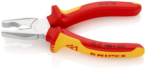 The image shows a pair of pliers with red and yellow handles. The jaws are metallic and have grooves for better grip. It is electrically insulated and bears the brand KNIPEX.