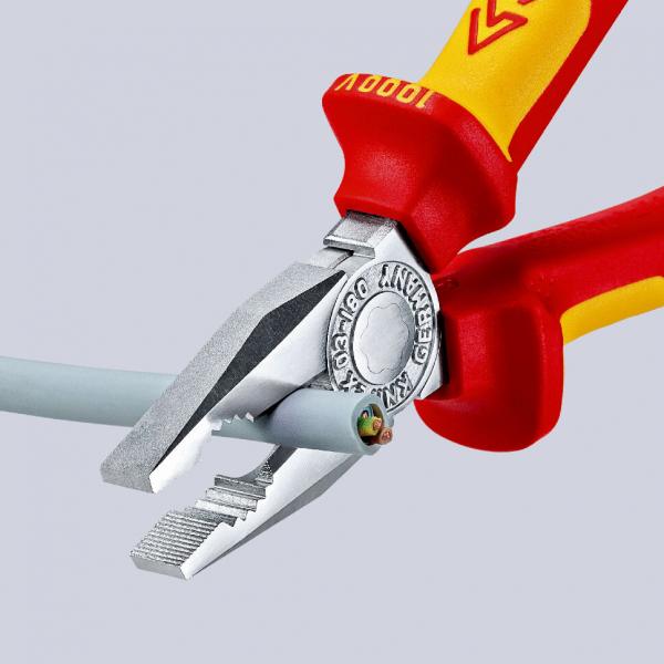 The image shows a red and yellow pliers gripping a gray wire. The pliers have a wide, flat edge and a serrated underside for better grip.