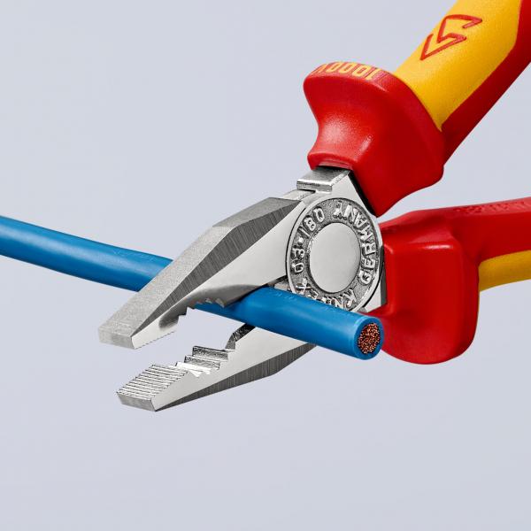 The image shows a pair of pliers gripping a blue wire. The pliers have red and yellow handles and are made of shiny metal. They are used to cut or bend the wire.