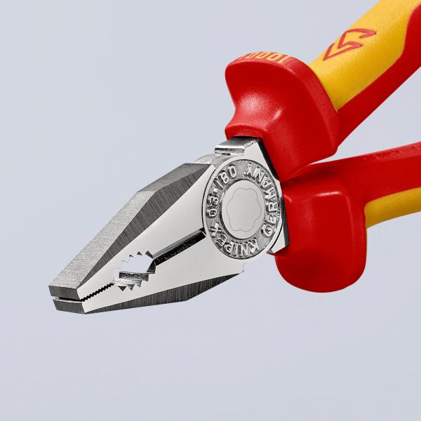 The image displays a pair of pliers with red handles and a metallic head. The pliers feature sharp, serrated edges and a pointed shape, ideal for gripping and cutting wires.