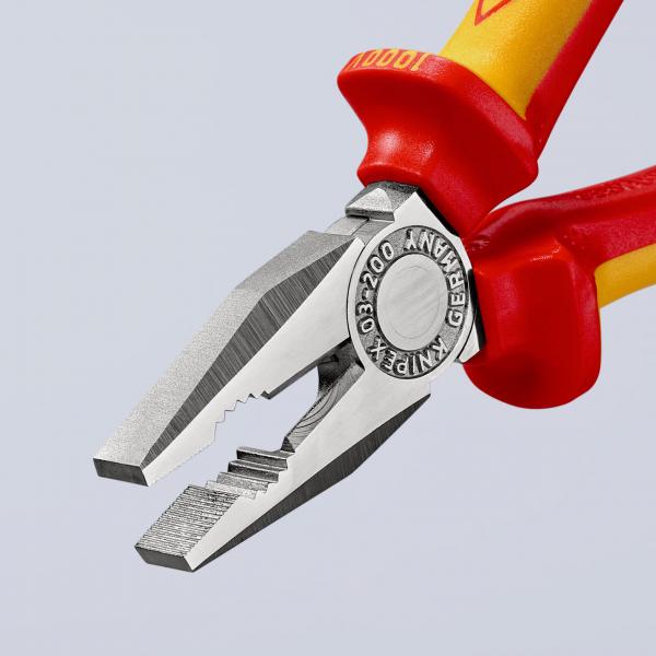 The image shows a pair of pliers with red handles. The metal blades are narrow and feature a ridged surface for gripping objects. They are sturdy and precise.
