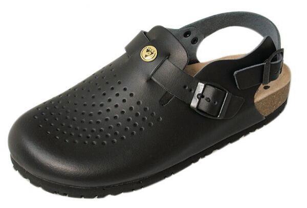 The shoe is a black clog with a round shape, perforated upper, and an adjustable strap on the side. The sole is non-slip and made of rubber.