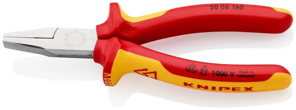 Das Bild zeigt eine rote Zange mit gelben Gummigriffen. Die Zange hat eine glänzende, metallische Spitze, die scharf und flach ist. Der Herstellername ?Knipex? ist auf dem Griff eingeprägt.