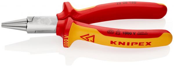 Das Bild zeigt eine Zange mit spitzen, schmalen Backen und einem Plastikgriff. Die Griffe sind rot mit gelben Akzenten. Auf den Griffen steht ?KNIPEX? und ?1000 V? für Isolierung.