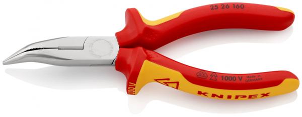 The image shows a red pliers with a curved, silver blade. The handle is ergonomically shaped and has yellow accents. The pliers have a precise tip.