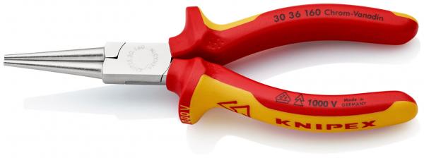 Das Bild zeigt eine Kombizange mit spitz zulaufenden Backen. Sie hat rote, ergonomische Griffe mit gelben Akzenten. Auf der Zange steht ?KNIPEX? und Sicherheitsmarkierungen.