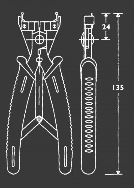 The image displays a technical drawing of a tool, likely a pair of pliers. It features two grippy arms and a head with a central screw. Side view and dimensions are provided.