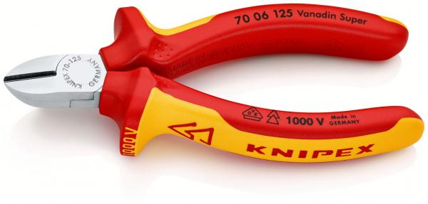 The image shows a high-quality pair of pliers with red and yellow handles. The pliers have a flat, silver cutting edge and are insulated for electrical work (1000 V).