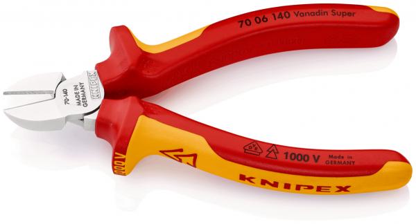 The pliers have red and yellow handles with non-slip material. The cutting edge is silver and pointed. It is suitable for electrical use (1000 V) and bears the KNIPEX logo.