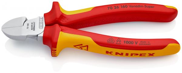 Das Bild zeigt eine Kopf- oder Abkneifzange mit rotem und gelbem Kunststoffgriff. Die Schneide ist glänzend und aus Metall. Auf dem Griff stehen Markierungen und das Logo "KNIPEX".
