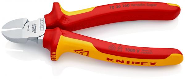 Das Bild zeigt eine Zange mit roten und gelben, rutschfesten Griffen. Die Schneide ist metallisch, flach und leicht geschwungen. Die Marke "KNIPEX" ist deutlich sichtbar.